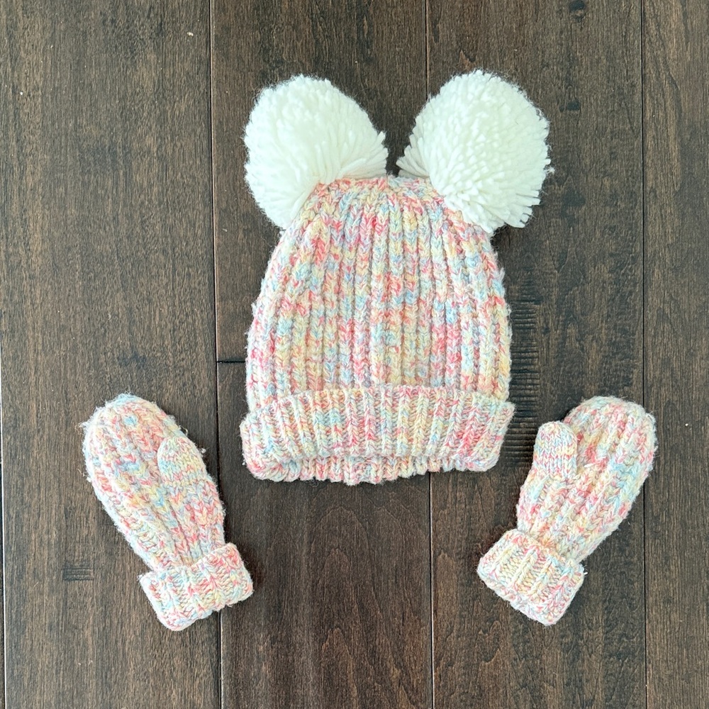 Adorable Baby Gap Colorful Knit Hat with Pom Poms and Mittens Set for Kids